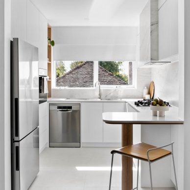 Small Kitchen Renovation South Yarra Interior Design White Kitchen Timber pillar Smart Interior Design Custom Built Melbourne