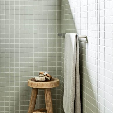 Green Mosaic Square Tile Walk in Shower Interior Design Rosanna
