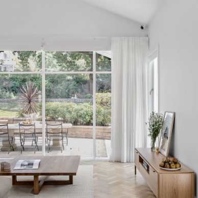 Home Renovation Living Room Herringbone Floorboards Sheer Curtains Pergola Outdoor Entertaining Area Eaglemont Northern Suburbs