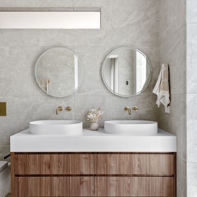 Ensuite Renovation Eaglemont Melbourne Double Vanity Circle Mirrors Custom Design Joinery Pill Shaped Basin Brushed Brass Tapware