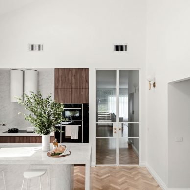 Kitchen Renovation Herringbone Flooring Interior Design Northern Melbourne Suburbs Curved Stone Island Bench High Ceilings Natural Light