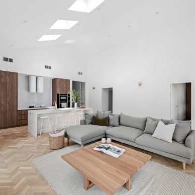 Kitchen Renovation Herringbone Flooring Interior Design Northern Melbourne Suburbs Curved Stone Island Bench High Ceilings Natural Light