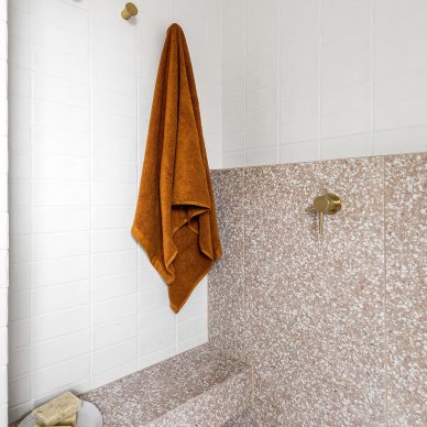 Pink Terrazzo Shower Seat Brushed Brass Finishes Custom Interior Design Bathroom Renovation