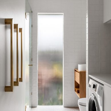 Small Bathroom Renovation Essendon Fluted Glass Window Heated Towel Rails Custom Vanity Showe Sear Pink Terrazzo Brick Lay Tiles