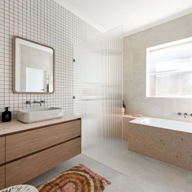 Family Bathroom Renovation Elsternwick Pink Stone White Square Mosaic Tile Feature Wall Pink Grout Fluted Glass Walk in Shower Interior Design