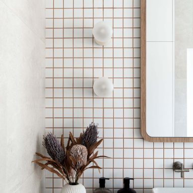 Pink Bathroom Design Square Mosaic Tile Feature Wall Pink Grout Pink Stone Benchtop Custom Interior Design Elsternwick Melbourne