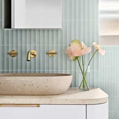 Family Bathroom Renovation Moorabin Pink Terrazzo stone concrete basin green feature tile walk in shower free standing bath tub