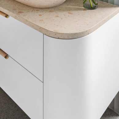 Family Bathroom Renovation Moorabin Pink Terrazzo stone concrete basin green feature tile walk in shower free standing bath tub