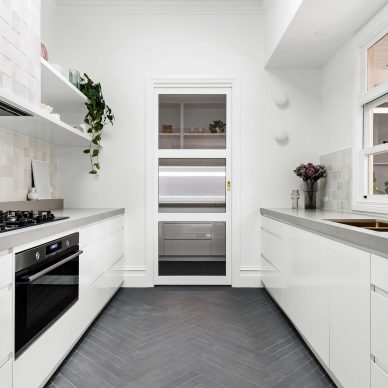 Galley Style Kitchen Glen Huntly Grey Finished Zellige Tile Concrete Benchtop Butlers Pantry Custom Interior Design Melbourne Herringbone Black Tiled Floor Fluted Glass Door