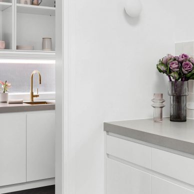 Galley Style Kitchen Glen Huntly Grey Finished Zellige Tile Concrete Benchtop Butlers Pantry Custom Interior Design Melbourne