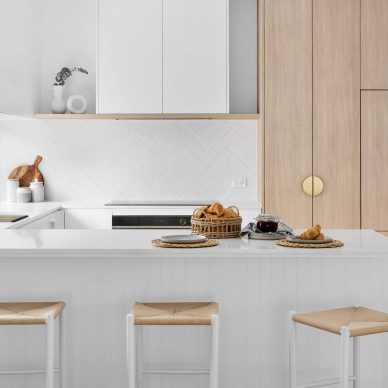 Montmorency Home Renovation Melbourne Interior Design White Timber Brushed Brass Kitchen Herringbone White Subway Splashback Tile Engineered Floorboards