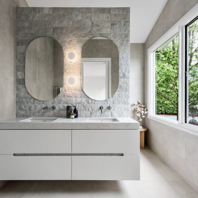 Mount Martha Holiday House Renovation Ensuite Bathroom Double Vanity Oval Mirror Custom Vanity Hidden Walk In Shower
