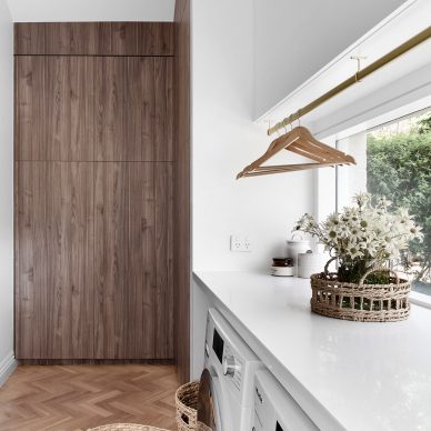 Custom Laundry Design Splashback Window Brushed Brass Hanging Tail White Custom Joinery Melbourne Northern Suburbs