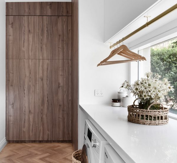 Custom Laundry Design Splashback Window Brushed Brass Hanging Tail White Custom Joinery Melbourne Northern Suburbs