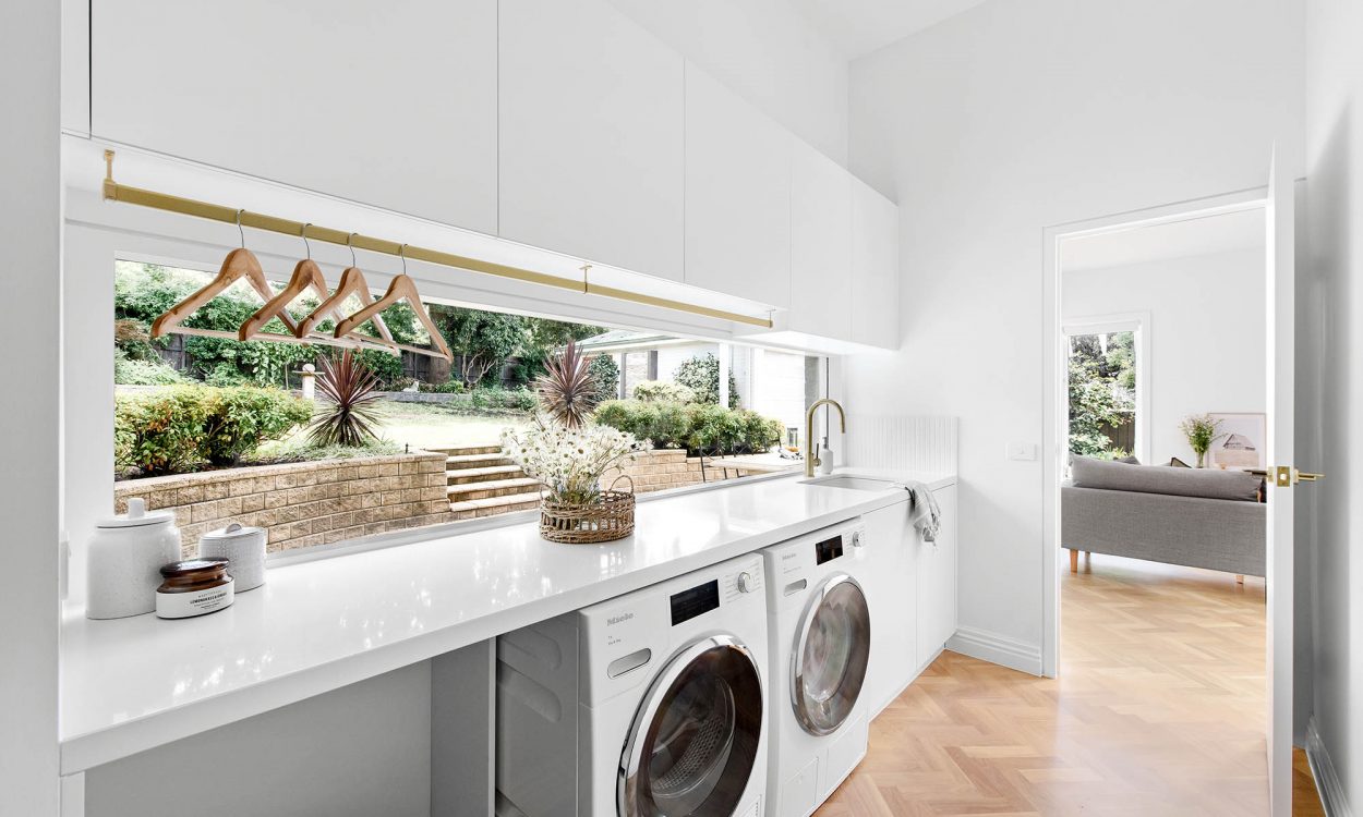Custom Laundry Design Splashback Window Brushed Brass Hanging Tail White Custom Joinery Melbourne Northern Suburbs