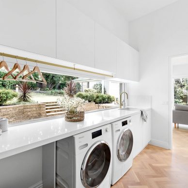 Custom Laundry Design Splashback Window Brushed Brass Hanging Tail White Custom Joinery Melbourne Northern Suburbs