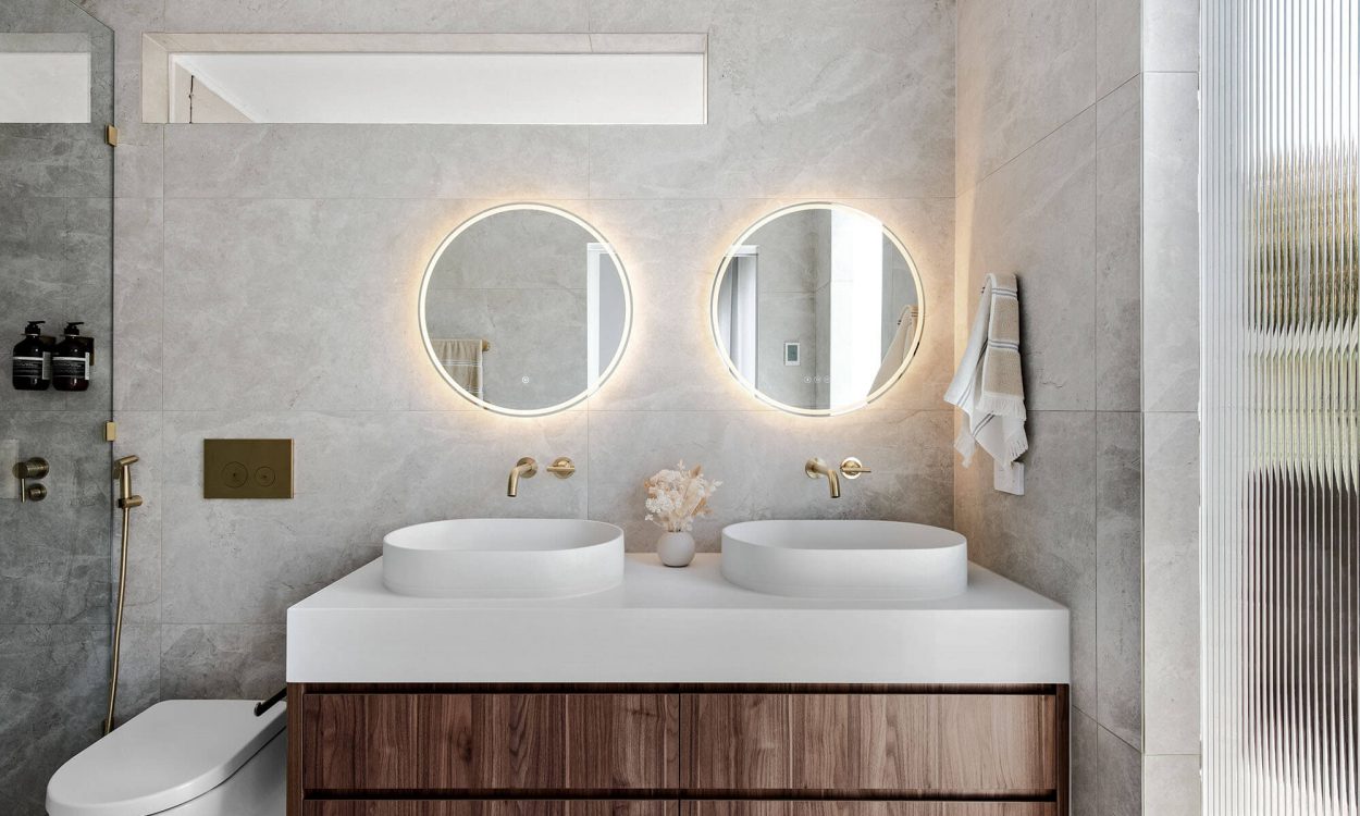Double Vanity Ensuite Renovation Circle Mirrors Brushed Brass Tapware Walk In Shower Eaglemont Melbourne Northern Suburbs Carpentry Work