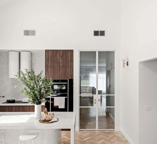 Northern Suburb Home Renovation Natural Stone Curved Island Benchtop Herringbone Floorboards Eaglemont Home