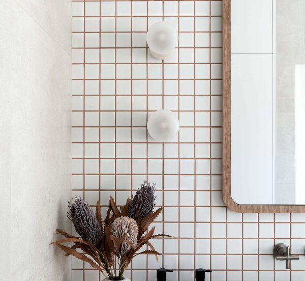 White Square Mosaic Tile Feature Wall Pink Grout Elsternwick Bathroom Renovation Home Interior Design Pink Terrazzo Stone Benchtop