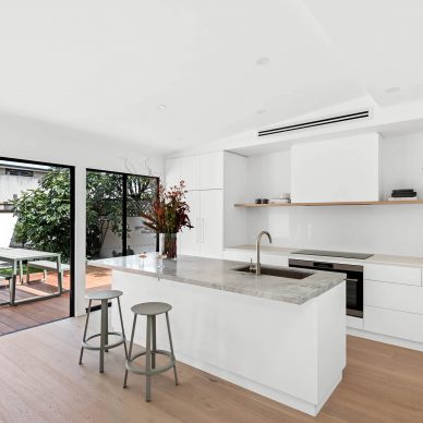 Modern Home Renovation Richmond Marble Benchtop White Kitchen Island Bench Engineered Flooring Intergrated Appliances Melbourne Interior Design Renovation Company
