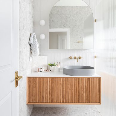 Alphington Home Renovation Melbourne Interior Design Shaving Cabinet Floating Vanity Pill Shaped Basin Walk In Shower Fluted Glass Vertical Stacked Subway Tiles