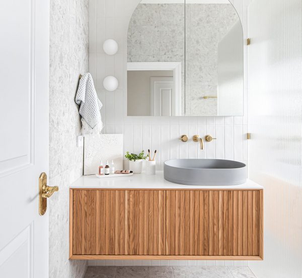 Alphington Home Renovation Melbourne Interior Design Shaving Cabinet Floating Vanity Pill Shaped Basin Walk In Shower Fluted Glass Vertical Stacked Subway Tiles