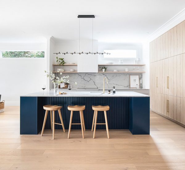 Alphington Home Renovation Melbourne Interior Design Intergrated Applicances Engineered FloorboardsB Blue Kitchen Island Brushed Brass Tapware Marble Benchtop Splashback